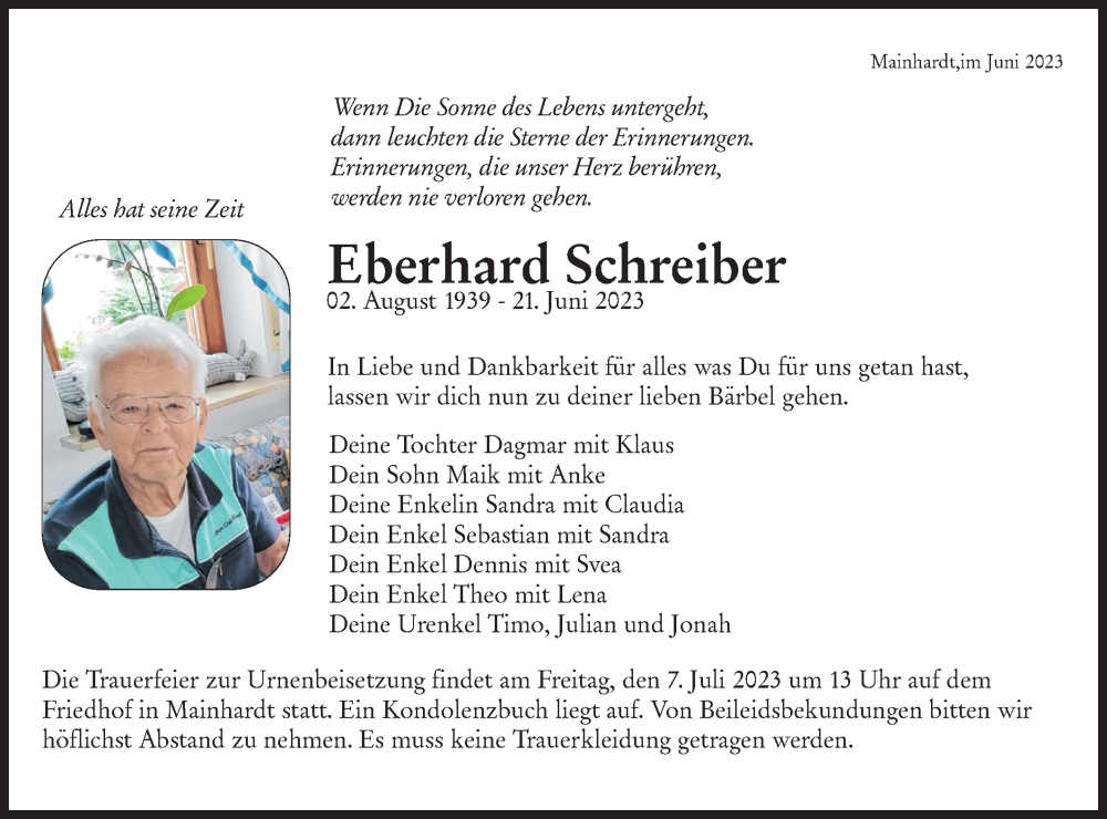  Traueranzeige für Eberhard Schreiber vom 05.07.2023 aus Haller Tagblatt