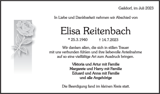 Traueranzeige von Elisa Reitenbach von Rundschau Gaildorf