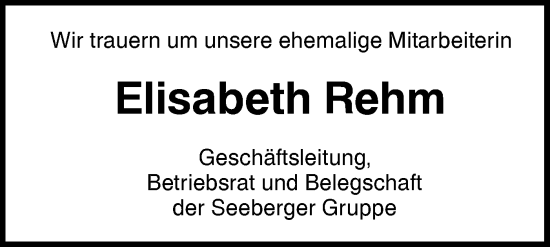 Traueranzeige von Elisabeth Rehm von SÜDWEST PRESSE Ausgabe Ulm/Neu-Ulm