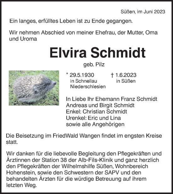 Traueranzeige von Elvira Schmidt von NWZ Neue Württembergische Zeitung