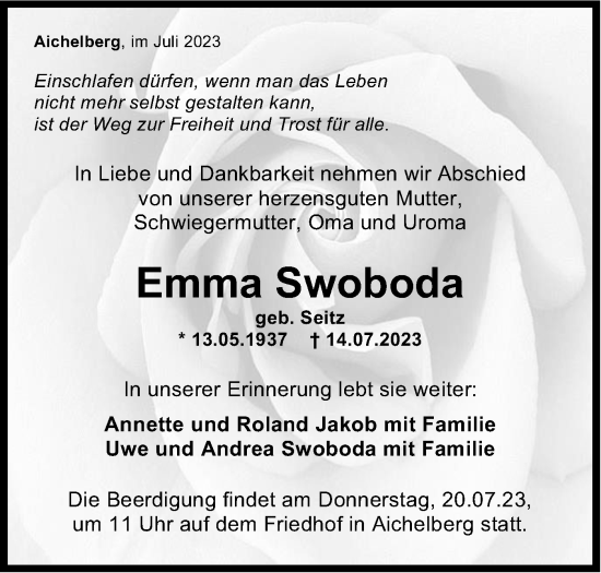 Traueranzeige von Emma Swoboda von NWZ Neue Württembergische Zeitung