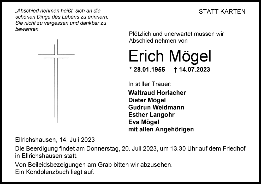  Traueranzeige für Erich Mögel vom 18.07.2023 aus Hohenloher Tagblatt