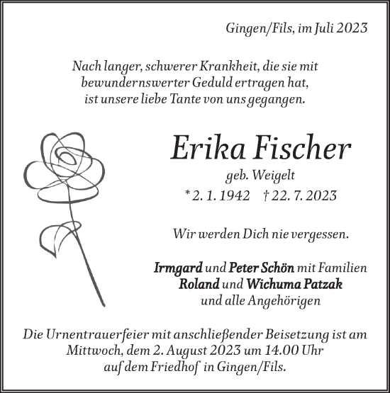 Traueranzeige von Erika Fischer von Geislinger Zeitung