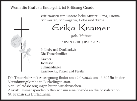 Traueranzeige von Erika Kramer von Hohenzollerische Zeitung