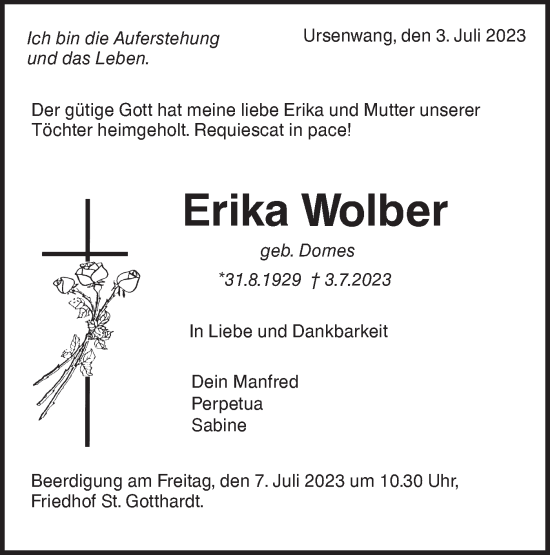 Traueranzeige von Erika Wolber von NWZ Neue Württembergische Zeitung