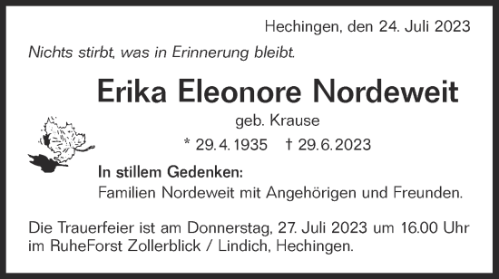 Traueranzeige von Erika Eleonore Nordeweit von Hohenzollerische Zeitung