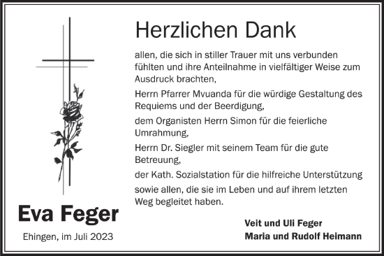 Traueranzeige von Eva Feger von Ehinger Tagblatt