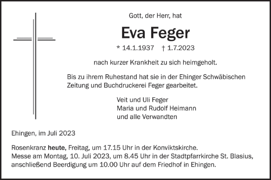 Traueranzeige von Eva Feger von Ehinger Tagblatt