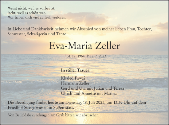 Traueranzeige von Eva-Maria Zeller von NWZ Neue Württembergische Zeitung