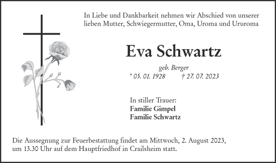 Traueranzeige von Eva Schwartz von Hohenloher Tagblatt