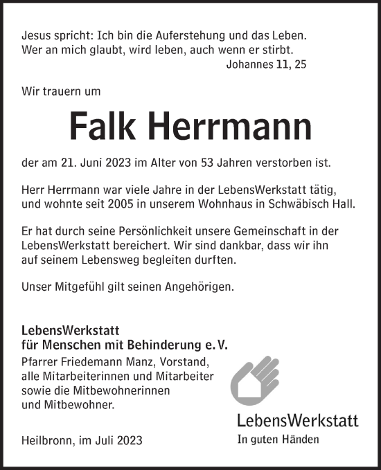 Traueranzeige von Falk Herrmann von Haller Tagblatt
