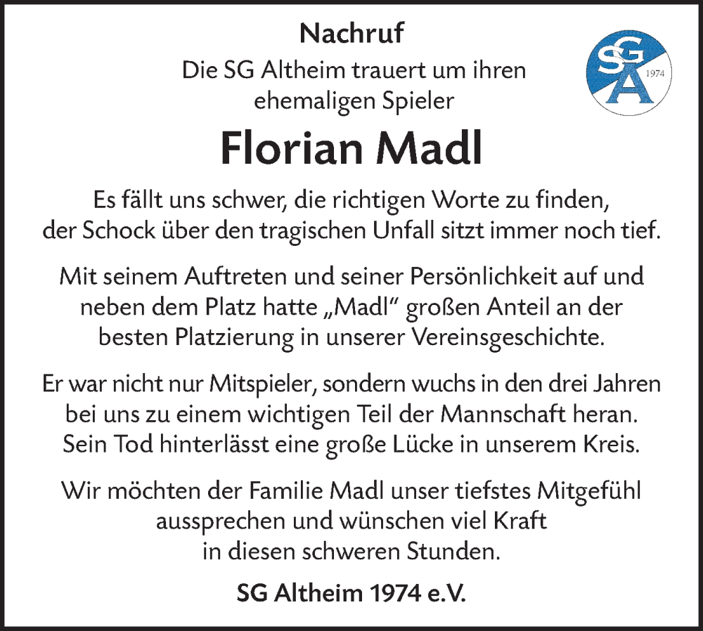  Traueranzeige für Florian Madl vom 20.07.2023 aus Ehinger Tagblatt