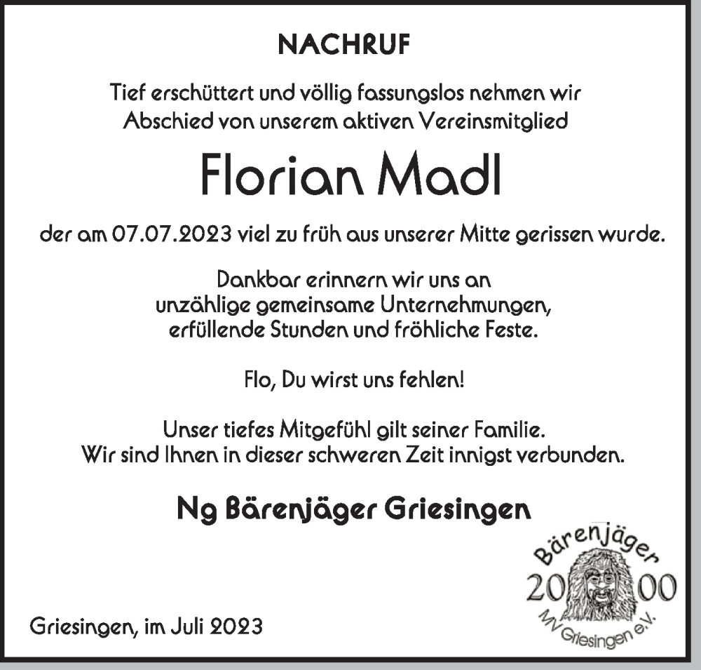  Traueranzeige für Florian Madl vom 25.07.2023 aus Ehinger Tagblatt