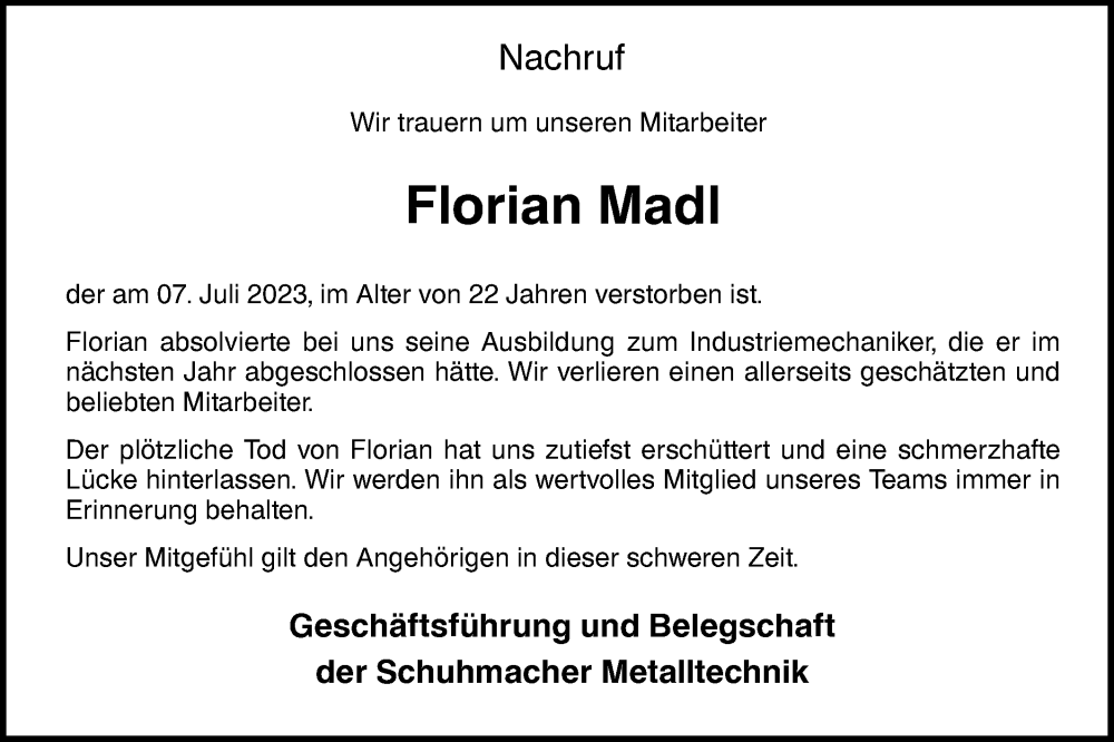  Traueranzeige für Florian Madl vom 18.07.2023 aus Ehinger Tagblatt