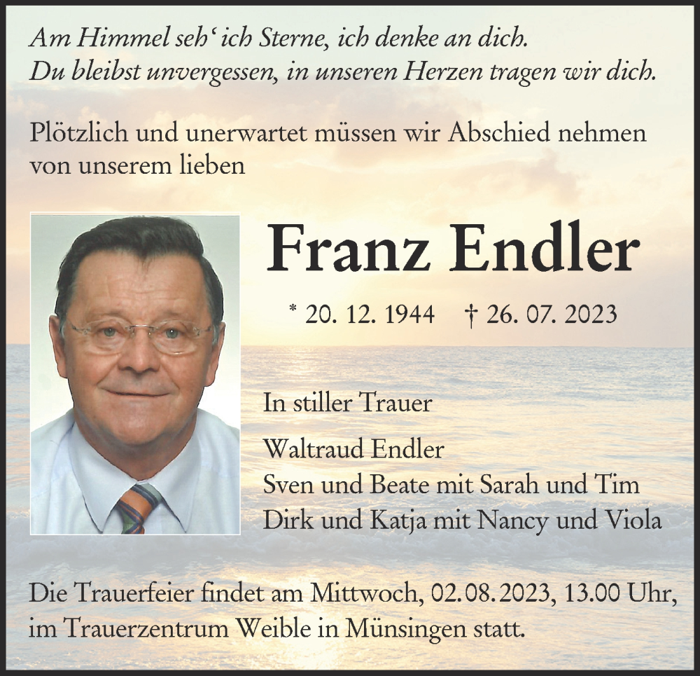  Traueranzeige für Franz Endler vom 29.07.2023 aus Alb-Bote/Metzinger-Uracher Volksblatt