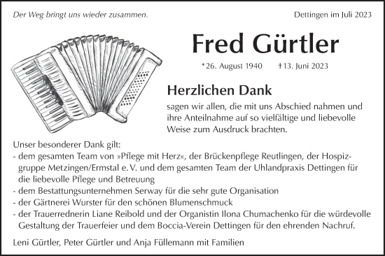 Traueranzeige von Fred Gürtler von SÜDWEST PRESSE/SÜDWEST PRESSE