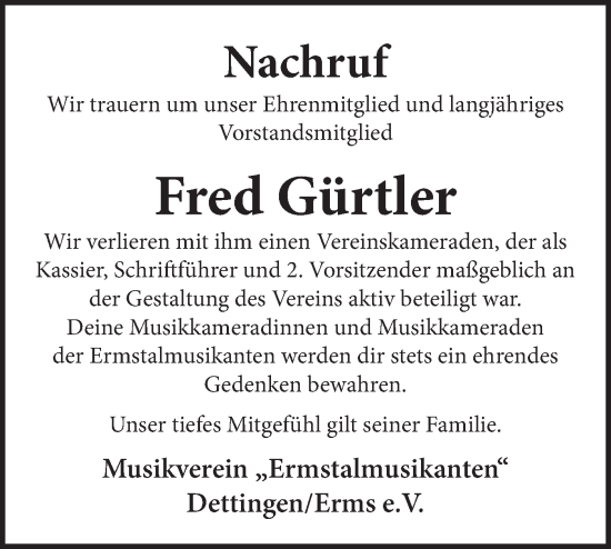 Traueranzeige von Fred Gürtler von Metzinger-Uracher Volksblatt