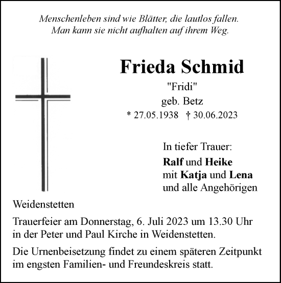 Traueranzeige von Frieda Schmid von SÜDWEST PRESSE Ausgabe Ulm/Neu-Ulm