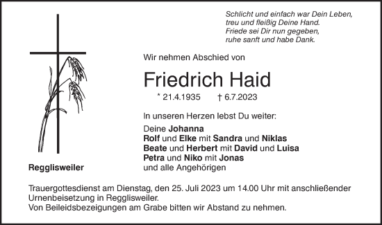 Traueranzeige von Friedrich Haid von SÜDWEST PRESSE Ausgabe Ulm/Neu-Ulm