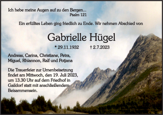 Traueranzeige von Gabrielle Hügel von Haller Tagblatt