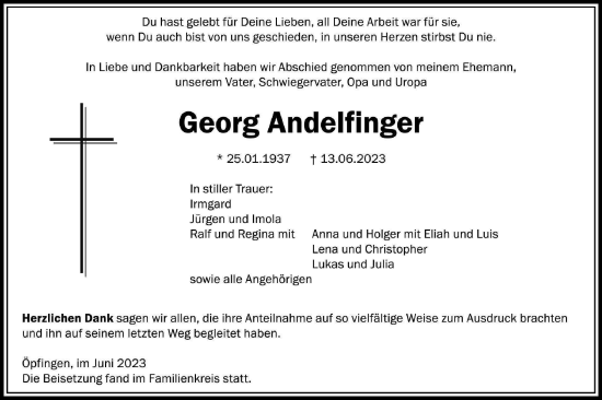 Traueranzeige von Georg Andelfinger von Ehinger Tagblatt