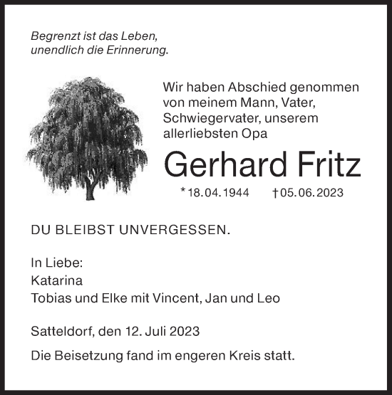 Traueranzeige von Gerhard Fritz von Hohenloher Tagblatt