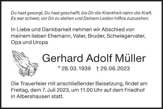 Traueranzeige von Gerhard Adolf Müller von NWZ Neue Württembergische Zeitung