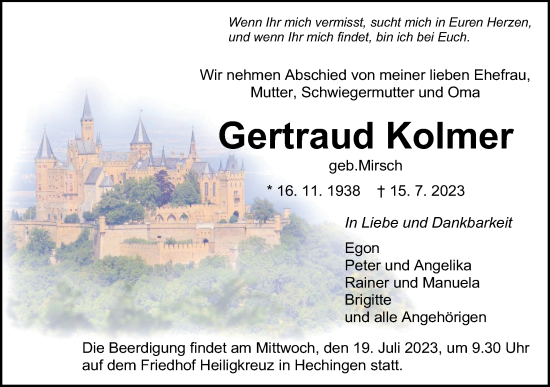 Traueranzeige von Gertraud Kolmer von Hohenzollerische Zeitung