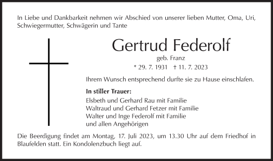 Traueranzeige von Gertrud Federolf von Hohenloher Tagblatt