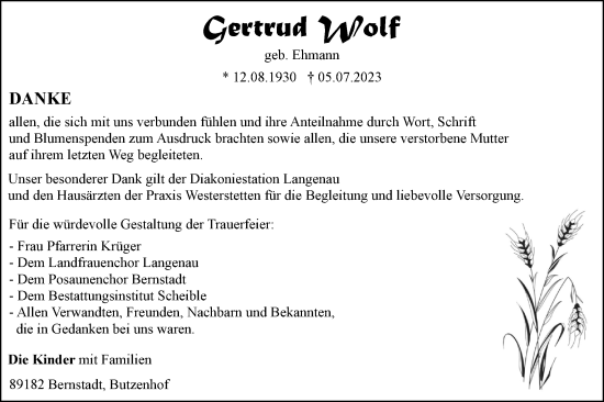 Traueranzeige von Gertrud Wolf von SÜDWEST PRESSE Ausgabe Ulm/Neu-Ulm