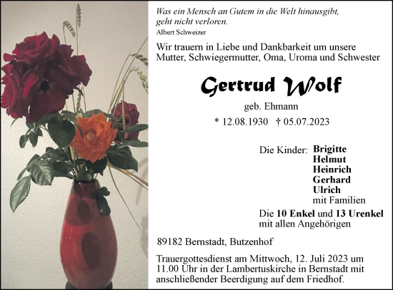 Traueranzeige von Gertrud Wolf von SÜDWEST PRESSE Ausgabe Ulm/Neu-Ulm