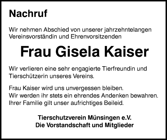 Traueranzeige von Gisela Kaiser von Alb-Bote/Metzinger-Uracher Volksblatt