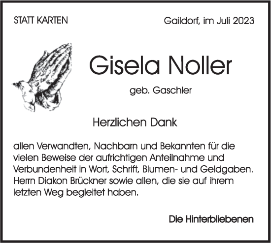 Traueranzeige von Gisela Noller von Rundschau Gaildorf