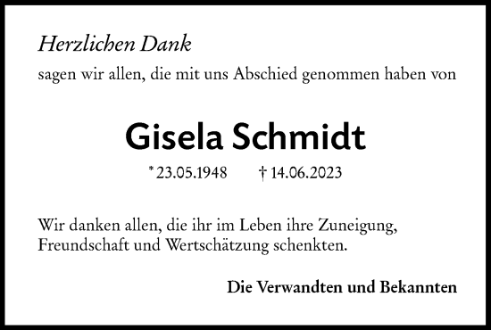 Traueranzeige von Gisela Schmidt von Haller Tagblatt