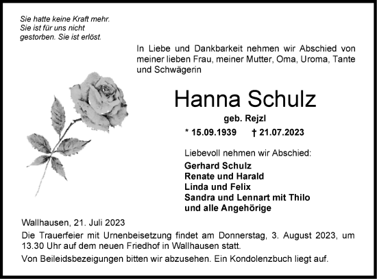 Traueranzeige von Hanna Schulz von Hohenloher Tagblatt