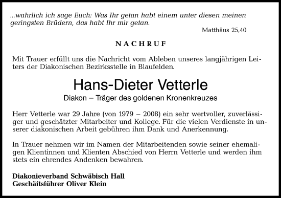 Traueranzeige von Hans-Dieter Vetterle von Hohenloher Tagblatt