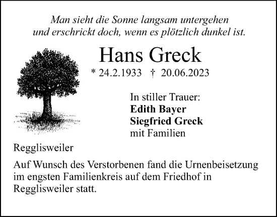 Traueranzeige von Hans Greck von SÜDWEST PRESSE Ausgabe Ulm/Neu-Ulm