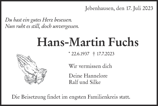 Traueranzeige von Hans-Martin Fuchs von NWZ Neue Württembergische Zeitung