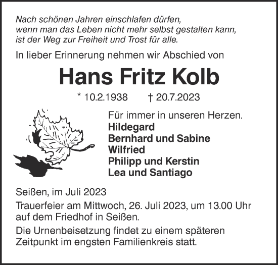 Traueranzeige von Hans Fritz Kolb von SÜDWEST PRESSE Ausgabe Ulm/Neu-Ulm