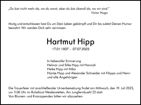 Traueranzeige von Hartmut Hipp von SÜDWEST PRESSE Ausgabe Ulm/Neu-Ulm