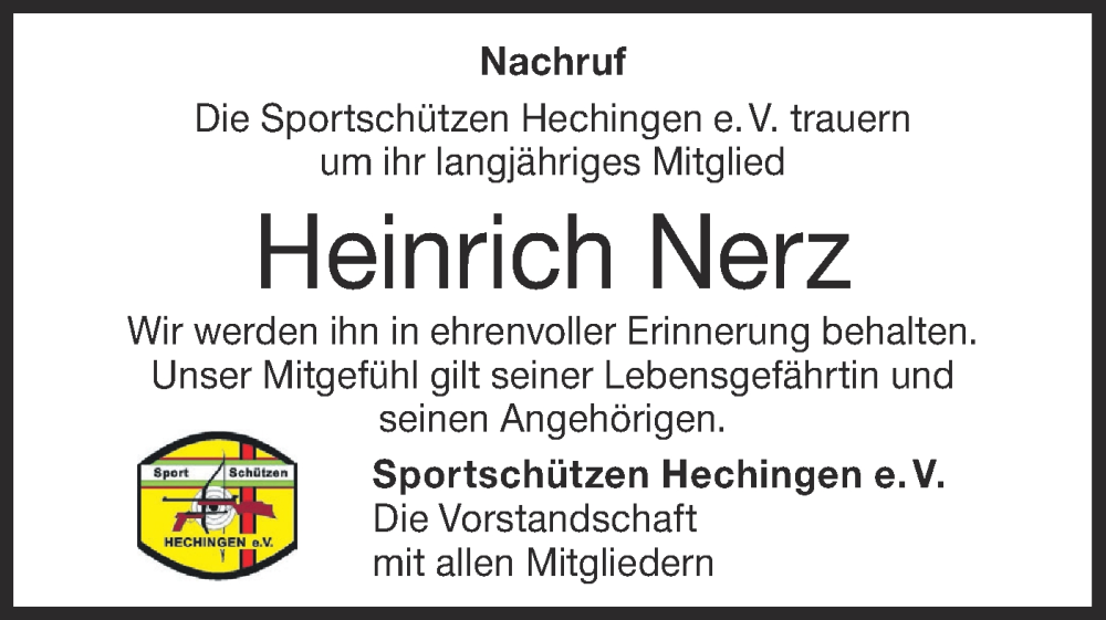  Traueranzeige für Heinrich Nerz vom 21.07.2023 aus Hohenzollerische Zeitung