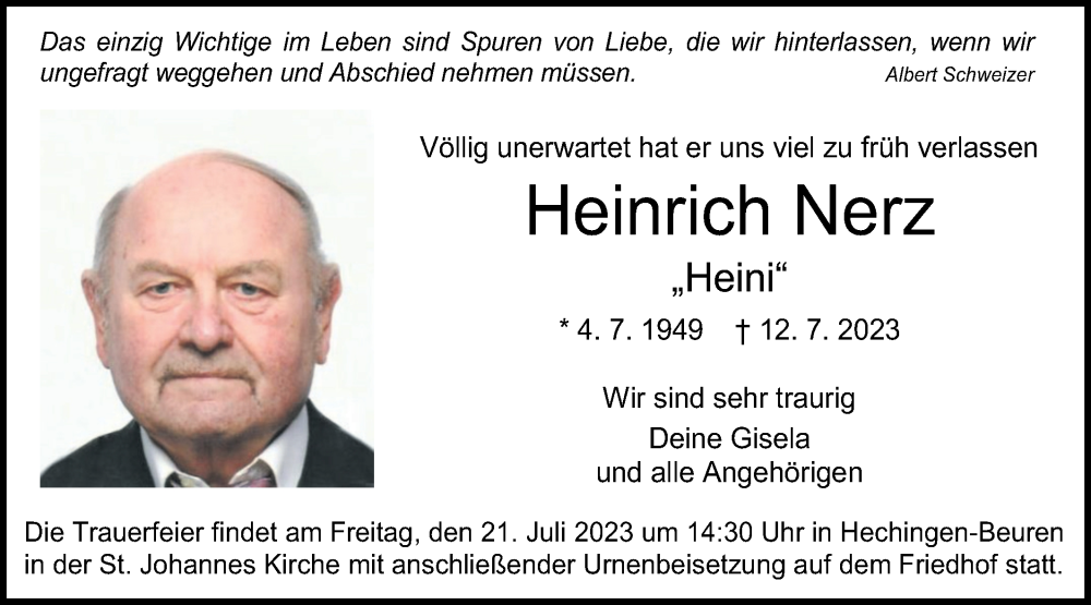  Traueranzeige für Heinrich Nerz vom 19.07.2023 aus Hohenzollerische Zeitung