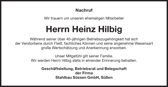 Traueranzeige von Heinz Hilbig von NWZ Neue Württembergische Zeitung