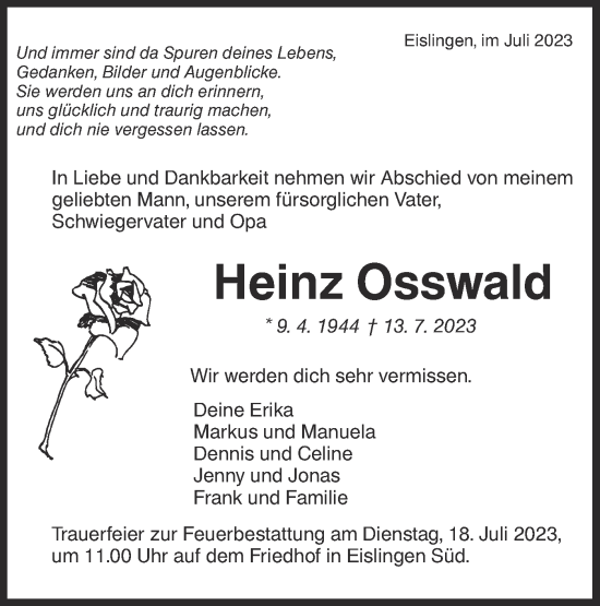 Traueranzeige von Heinz Osswald von NWZ Neue Württembergische Zeitung