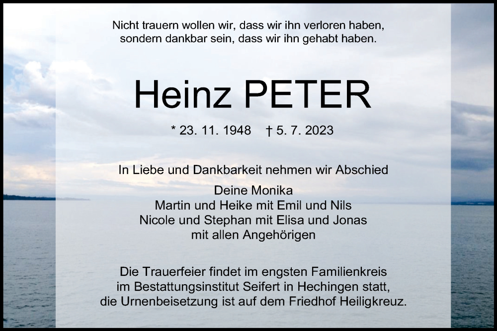  Traueranzeige für Heinz Peter vom 08.07.2023 aus Metzinger-Uracher Volksblatt