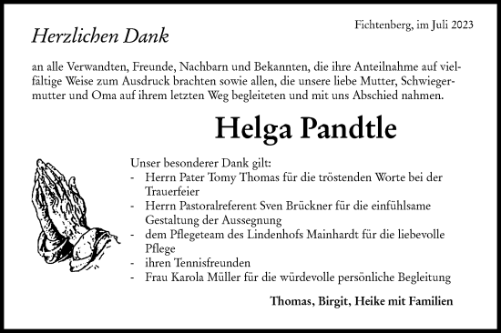 Traueranzeige von Helga Pandtle von Rundschau Gaildorf