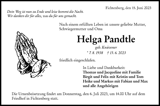 Traueranzeige von Helga Pandtle von Rundschau Gaildorf