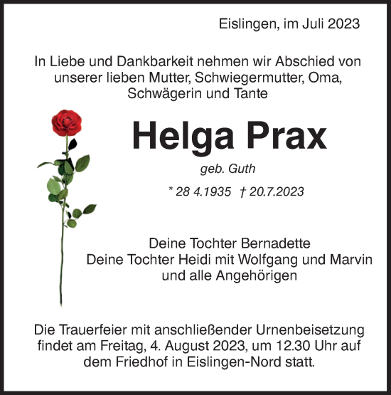 Traueranzeige von Helga Prax von NWZ Neue Württembergische Zeitung