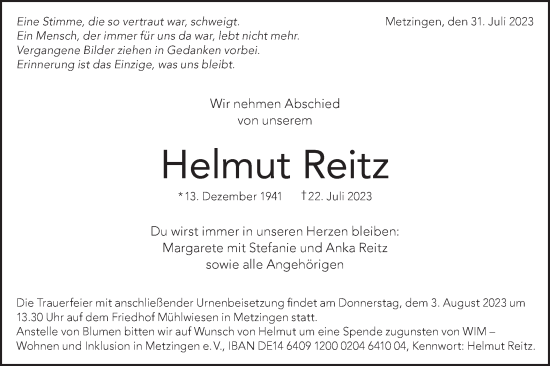 Traueranzeige von Helmut Reitz von SÜDWEST PRESSE/SÜDWEST PRESSE