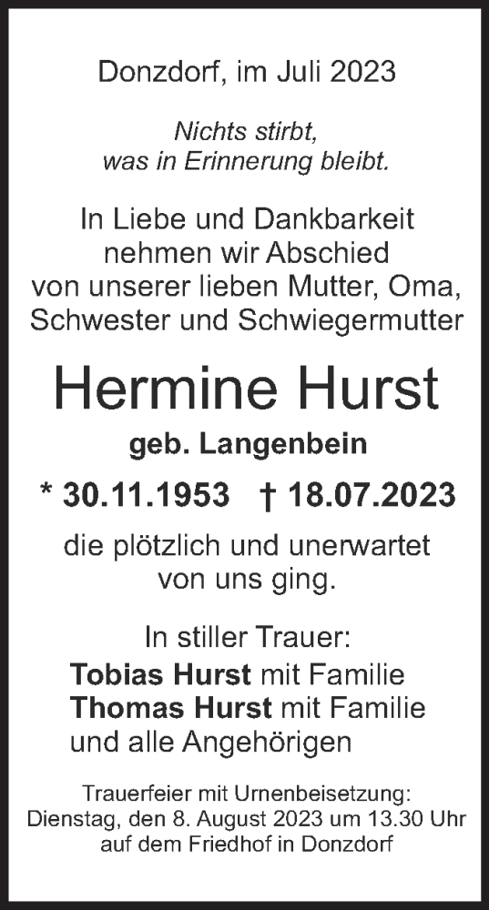 Traueranzeige von Hermine Hurst von NWZ Neue Württembergische Zeitung